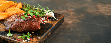 Steaks. Sliced grilled meat steak New York, Ribeye or Chuck roll with garnished with salad and french fries on black marble board on old wooden background. Mock up.の写真素材