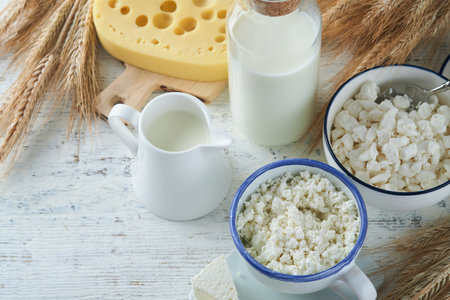 Shavuot jewish holiday celebration. Kosher fresh dairy products milk and cheese, ripe wheat, cream on white wooden background. Dairy products over white wooden background. Shavuot concept. top view.の写真素材