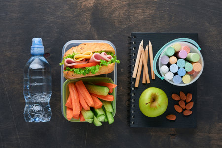 Healthy food for school lunch concept. Healthy bread, meat sandwich with cheese, apple, fresh cucumber, carrots, nuts in container, water and yogurt on dark background. Back to school concept.の写真素材