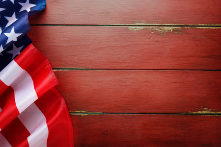 4th of July American Independence Day. American flag on red old rustic wooden background with copy space. Close Up for Memorial Day, Happy Martin Luther King jr day. top view. copyspace. Mock up.の写真素材