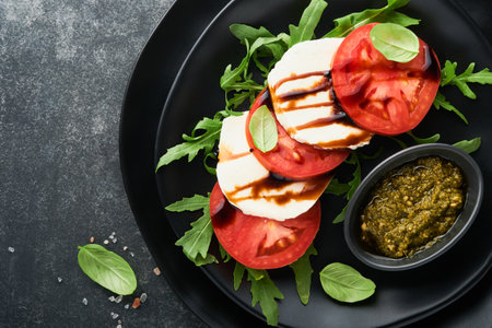 Caprese salad. Italian caprese salad with sliced tomatoes, mozzarella cheese, arugula, basil, olive oil in black plate over old brick tiles black background. Delicious Italian food. top view.の写真素材