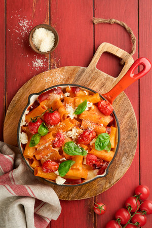 Pasta Tortiglioni with tomato sauce, baked cherry tomatoes, mozzarella and parmesan cheese, basil on old red rustic table. Traditional Italian food. Example Italian food for article. top view.の写真素材