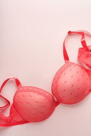 Red sexy bra and panties on pink background. Women sexy underwear set with roses and perfume. Gift Idea for Womens Day or Valentines day with copy space. Surprise for men or for him. top view.