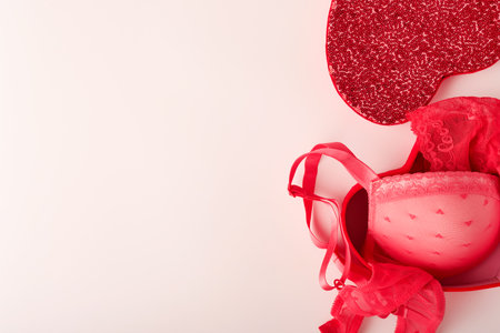 Red sexy bra and panties in box on pink background. Women sexy underwear set with roses and perfume. Gift Idea for Womens Day or Valentines day with copy space. Surprise for men or for him. top view.の写真素材