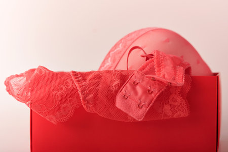 Red sexy bra and panties in box on pink background. Women sexy underwear set with roses and perfume. Gift Idea for Womens Day or Valentines day with copy space. Surprise for men or for him. top view.の写真素材