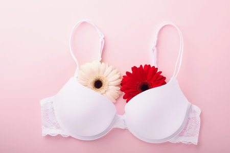 Breast Cancer Awareness Ribbon. White and red bra, gerberas with pink ribbon tape lying on female bra on backgrounds. Breast cancer awareness and October Pink day, world cancer day. top view. Mock upの写真素材