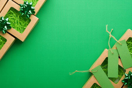 Green Friday background mock up. Sale Tag on green background. Paper shopping boxes and green tag. Environmentally friendly shopping idea, useful things on sale. Reducing excessive consumption.の写真素材