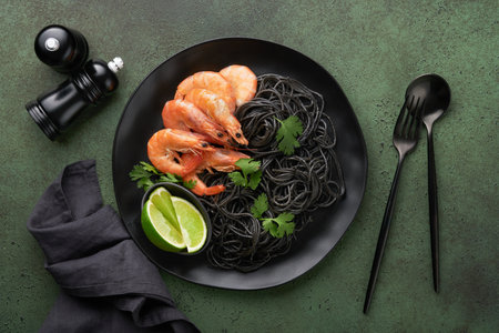 Black spaghetti pasta shrimp on black plate on dark concrete table background. Squid ink pasta with prawns. pasta seafood. Top view on green stone table. Mediterranean traditional dishes.の写真素材