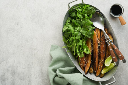 Grilled or baked eggplant slices in rice flour, with cilantro and soy sauce on old gray concrete rustic table background. Top view with copy space.の写真素材