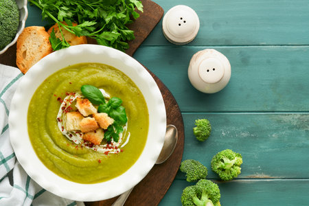 Broccoli cream soup. Fresh homemade broccoli soup in white plate with seasonings, parsley, basil and pieces of toasted bread on rustic white wooden background. Healthy, diet or baby food. Top view.の写真素材