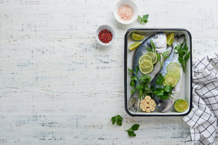 Raw fresh. Fresh raw dorado with lemon, lime, parsley and salt on old wooden white background ready for cooking. Sea breath, dorado. Seafood, healthy food. Top view. Long banner format.の写真素材