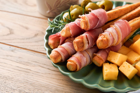 Slices of prosciutto or jamon. Delicious grissini sticks with prosciutto, cheese, rosemary, olives on green plate on dark background. Appetizers table with Italian antipasto snacks Top view copy spaceの写真素材