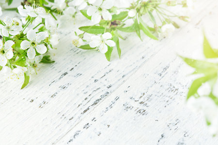Spring background with white apple or cherry blossoms and wooden background. Easter or Passover spring greeting cards with copy space. Natural plants landscape, ecology, fresh wallpaper concept Mockupの写真素材