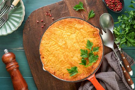 Shepherd's Pie with ground beef, peas, carrots, onions, potato and cheese on old wooden background in cast iron pan. Traditional British dish homemade casserole minced meat.Top view. Copy space.の写真素材