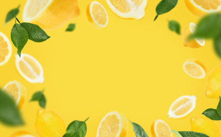 Flying lemon fruits and green leaves isolated on yellow background with space for text. Creative food concept. Lemon slices. Summer minimalistic bright fruit background.の写真素材