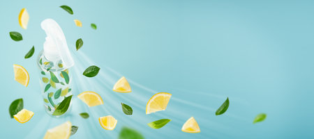 Eco friendly cleaning tools spray bottle with flying green leaves, bubbles, sun rays on blue background. Concept of eco home cleaning. Environmentally friendly home and office cleaning. Space for text
