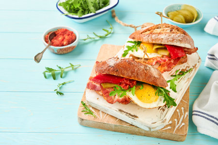 Sandwich layered. English or American freshly prepared picnic sandwich with egg, arugula, bacon, pickles and tomato sause on b turquoise table background on sunny day, copy spaceの写真素材