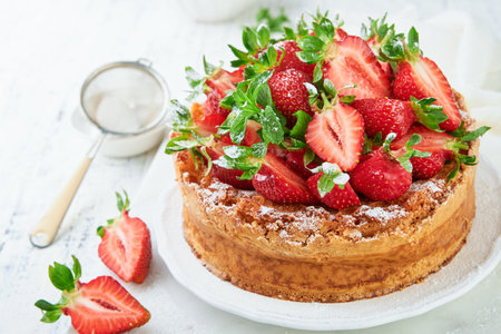 Strawberry cake. Homemade and delicious strawberry sponge cake with fresh summer fruits served, cream cheese frosting and sugar powder on white marble stand and wooden table. Summer berry dessert.の写真素材