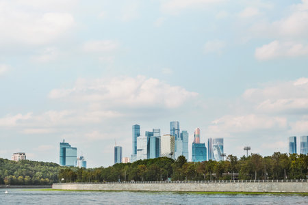 Moscow, Russia - AUGUST 28, 2024: Towers of business district Moscow City, Moscow, Russia. Modern architecture, abstract background. View from the bank of the Moscow River.の写真素材