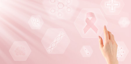 Pink Breast Cancer Awareness Ribbon. Female hand showing holographic screen icon with lighting pink ribbon Breast cancer awareness, October Pink or world cancer day. Science Medical technology.の写真素材