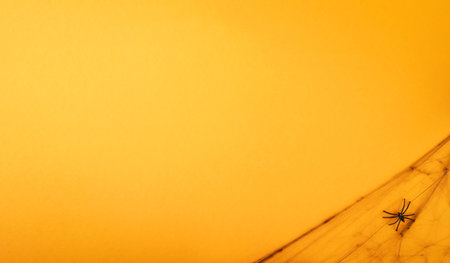 Halloween composition. Halloween decorations old branches with pumpkins, web, spiders and autumn leaves on orange background top view. Halloween party greeting card copy space.の写真素材