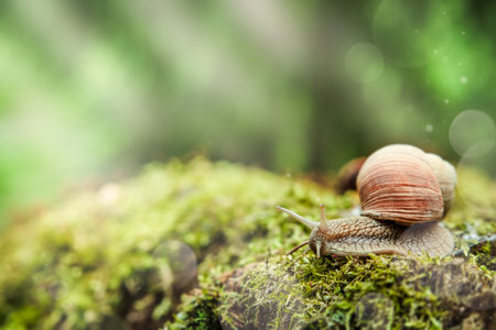 Big snail in shell crawling on stump covered with thick green moss in summer day with bokeh and sunbeams in garden, close up image. Common garden snail climbing on stump.の写真素材