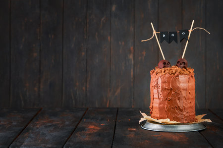 Spooky and funny chocolate cake layered brownie with earthy crumbs with dark and white chocolate skulls, old bare branches and dry fallen leaves. Sweet funny idea for Halloween party, copy space.の写真素材