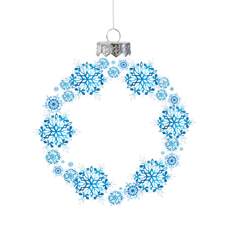 Snowflakes blue decorative ornament in shape of Christmas ornament with copy space in center inside isolated on white background with clipping path. Idea for greeting or postcard. Design element.の写真素材
