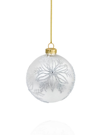 White silver glittering Christmas ornaments ball with snowflake isolated on white background with clipping path. Design element.の写真素材