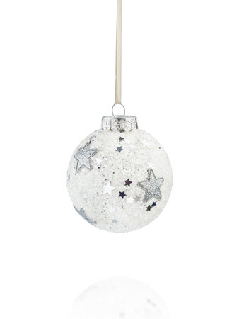 White silver glittering Christmas ornaments ball with stars isolated on white background with clipping path. Design element.の写真素材