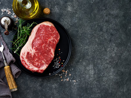 Raw beef steak on black plate with pepper, salt, rosemary and olive oil on black stone table with ample copy space. Dark background. Top view. Copy space.の写真素材