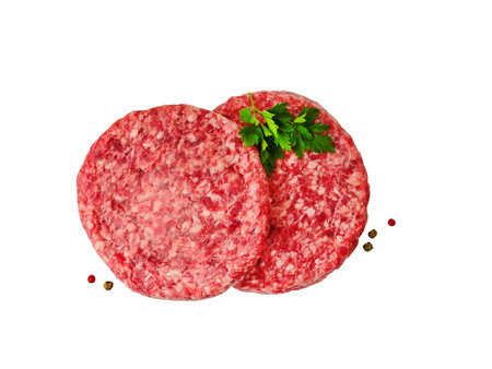 Raw burger patty. Stack of fresh raw burger patty or ground beef meat burger steak cutlets isolated on white background with clipping path. Design element.の写真素材