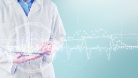 Doctor male is holding tablet with experiences a virtual interface with Brain and human body analysis on gray background with copy space. Medical technology futuristic concept. Design element.の写真素材