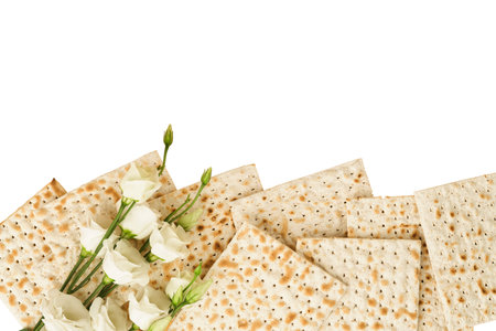 Matzah isolated on white background with clipping path. Traditional ritual Jewish. Design element. Pesach Jewish holiday of Passover celebration concept. Passover food.の写真素材