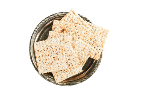 Passover celebration concept. Matzah isolated on white background with clipping path. Design element. Passover food. Pesach Jewish holiday.の写真素材