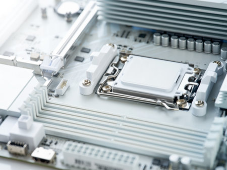 White computer motherboard without CPU cooler. Selective focus. Computer circuit board background. Modern technologies.の写真素材