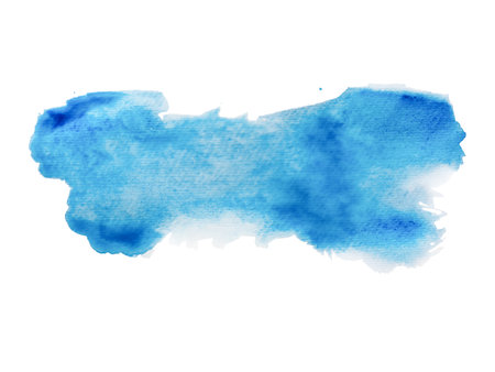 Blue watercolor brush stroke or stain with blot and splash isolated on white background with clipping path. Texture, frame, text background. Design element.の写真素材