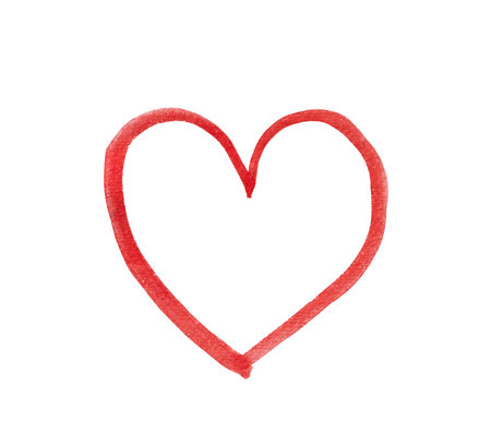 Outlines of red hearts drawn with watercolor red paint on white isolated background with clipping path. Design element.の写真素材