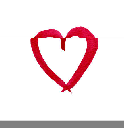 Outlines of red hearts drawn with watercolor red paint on white isolated background with clipping path. Design element.の写真素材