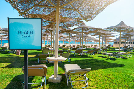 Beach umbrellas parasol and sunbeds standing on seashore against backdrop on green grass with sign Beach Strand of sunny blue sky. Vacation and Travel Concept.