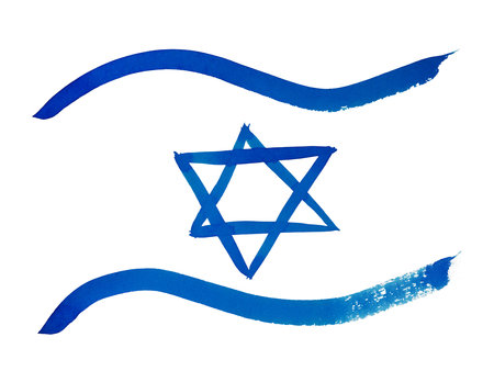 Flag of Israel painted with watercolor paint on paper isolated on white background with clipping path. Israel flag with star of David. Design element. Children's drawing. Independence Day of Israel.の写真素材