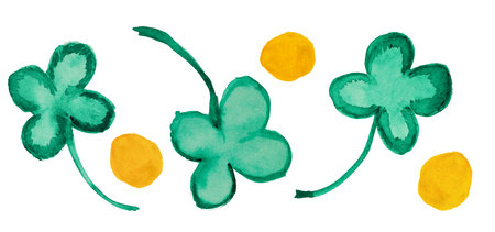 Hand drawing watercolor clover, green leprechaun hat and gold coins isolated on white background with clipping path. Design element for seamless pattern, textile pattern. Saint Patrick's day concept.の写真素材
