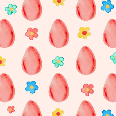 Seamless pattern with red watercolor easter eggs and flowers on beige background. Objects for design. Easter concept.の写真素材