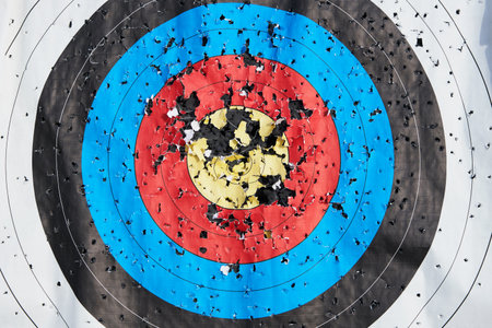 Archery old target without arrows. Concept of sport, hobby and business. Design element.の写真素材
