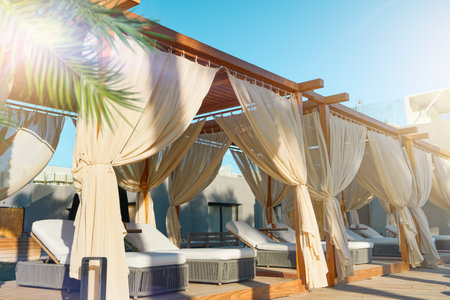 Beach chairs canopy. Luxurious hotel with private pool and beach chairs canopy under umbrellas palm trees and sun loungers for relaxation. Concept summer travel and vacation background.の写真素材