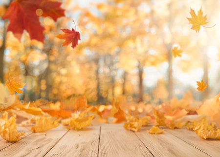 Autumn empty wooden table with falling yellow maple leaves on defocused autumn forest nature background at sunset. Thanksgiving, Halloween or autumn background with copy space.の写真素材