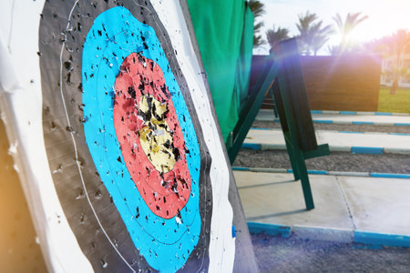 Archery old target without arrows. Concept of sport, hobby and business. Design element.の写真素材