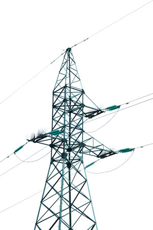 High voltage power lines and metal pylon isolated on white background with clipping path. Design element.の写真素材