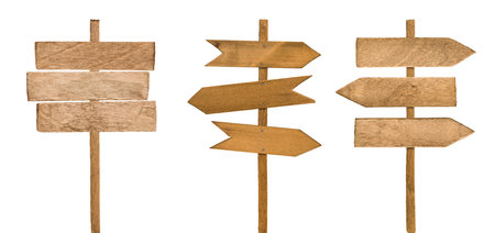 Set of wooden directional signposts isolated on white background with clipping path. Design element. Collection of direction signs.の写真素材