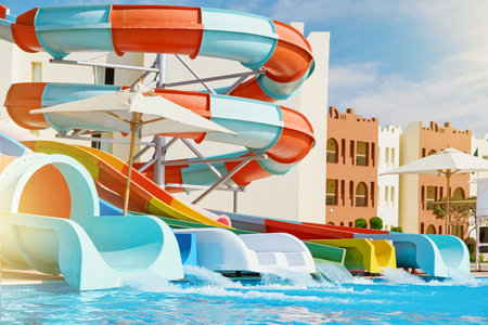 Water park with water colored flights, slides, splashes and pools at luxury hotel. summer vacation activity on holiday at outdoor waterpark or aquapark. Concept summer travel and vacation background.の写真素材